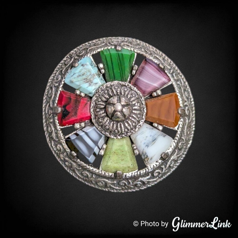 Vintage Miracle Celtic Multicolor Stones Ornate Silver Tone Brooch Kilt Pin